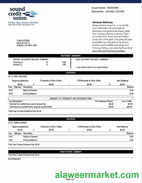 USA Washington Sound Credit Union account statement Word and PDF template